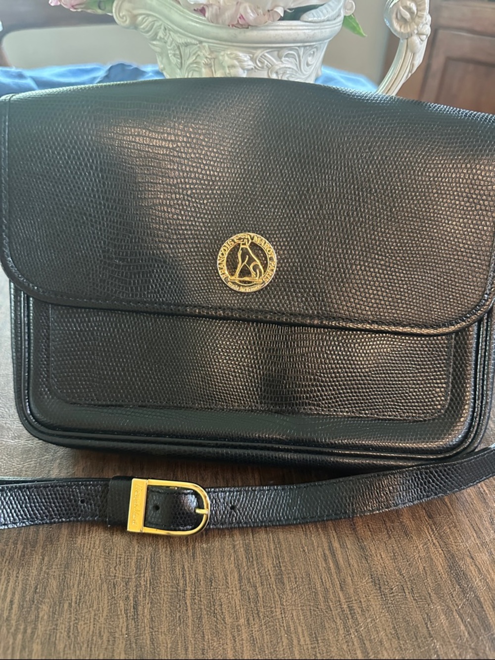 Francois Marot made in Paris Vintage  Black Leather Crossbody  Bag Gold Accent